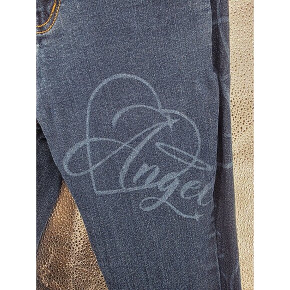 Dolls Kill NGOrder Low Rise Flare Jeans Angel Print Bootcut Size 6 Blue Denim - Picture 6 of 10